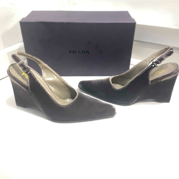 Prada Vintage Velvet Wedge Slingbacks in Graphite Grey - Picture 1 of 13